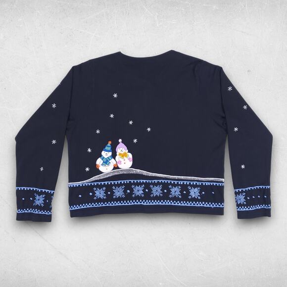 Michael Simon Christmas Cardigan Women XL Black Embroidered Snowmen Applique VTG - Picture 2 of 10